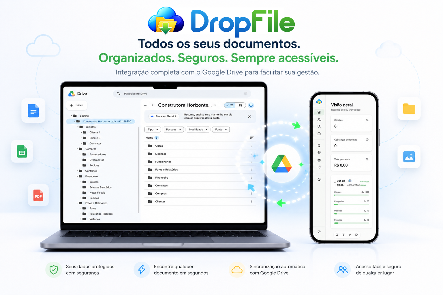 DropFile em desktop e mobile mostrando a lista de clientes e a visão geral do workspace
